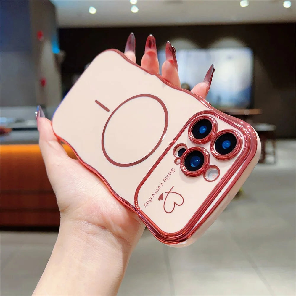 For iPhone 16 Pro Magnetic Case Electroplating Wave Edge TPU Phone Cover Heart Pattern - Rose Pink - 3