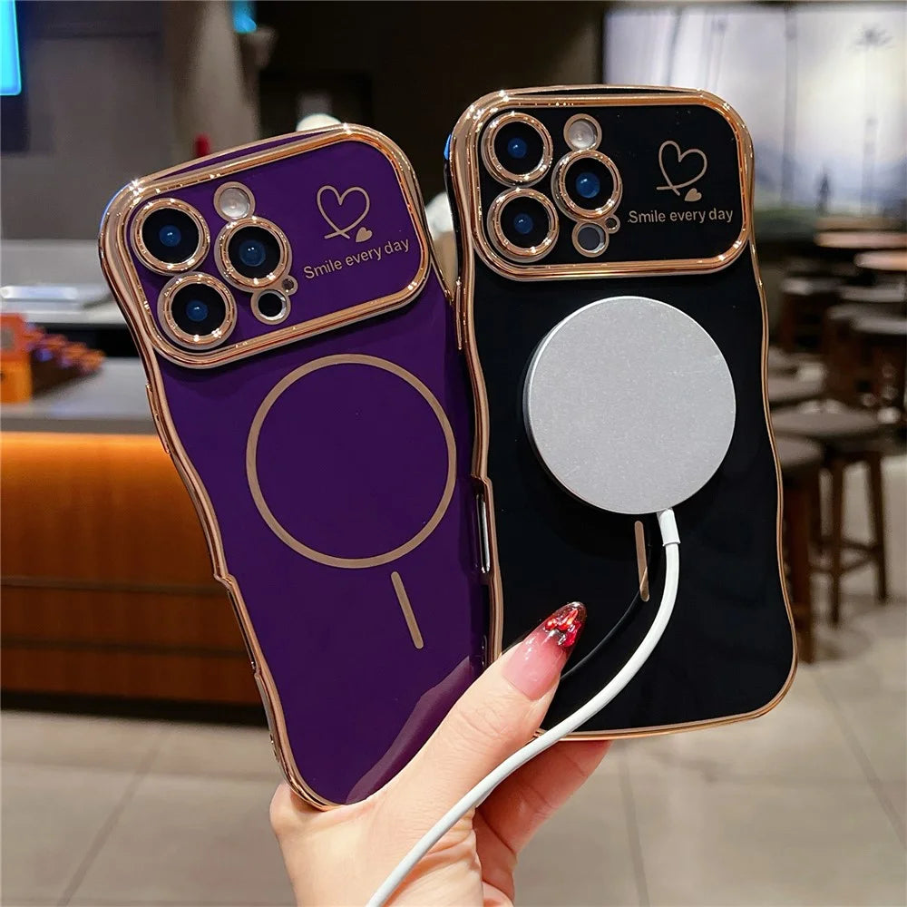 For iPhone 16 Pro Magnetic Case Electroplating Wave Edge TPU Phone Cover Heart Pattern - Rose Pink - 4
