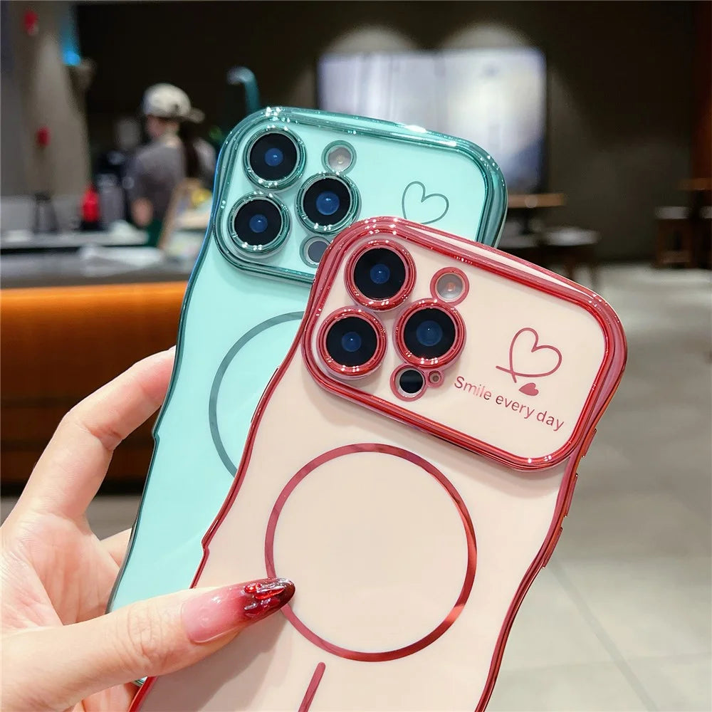 For iPhone 16 Pro Magnetic Case Electroplating Wave Edge TPU Phone Cover Heart Pattern - Rose Pink - 5