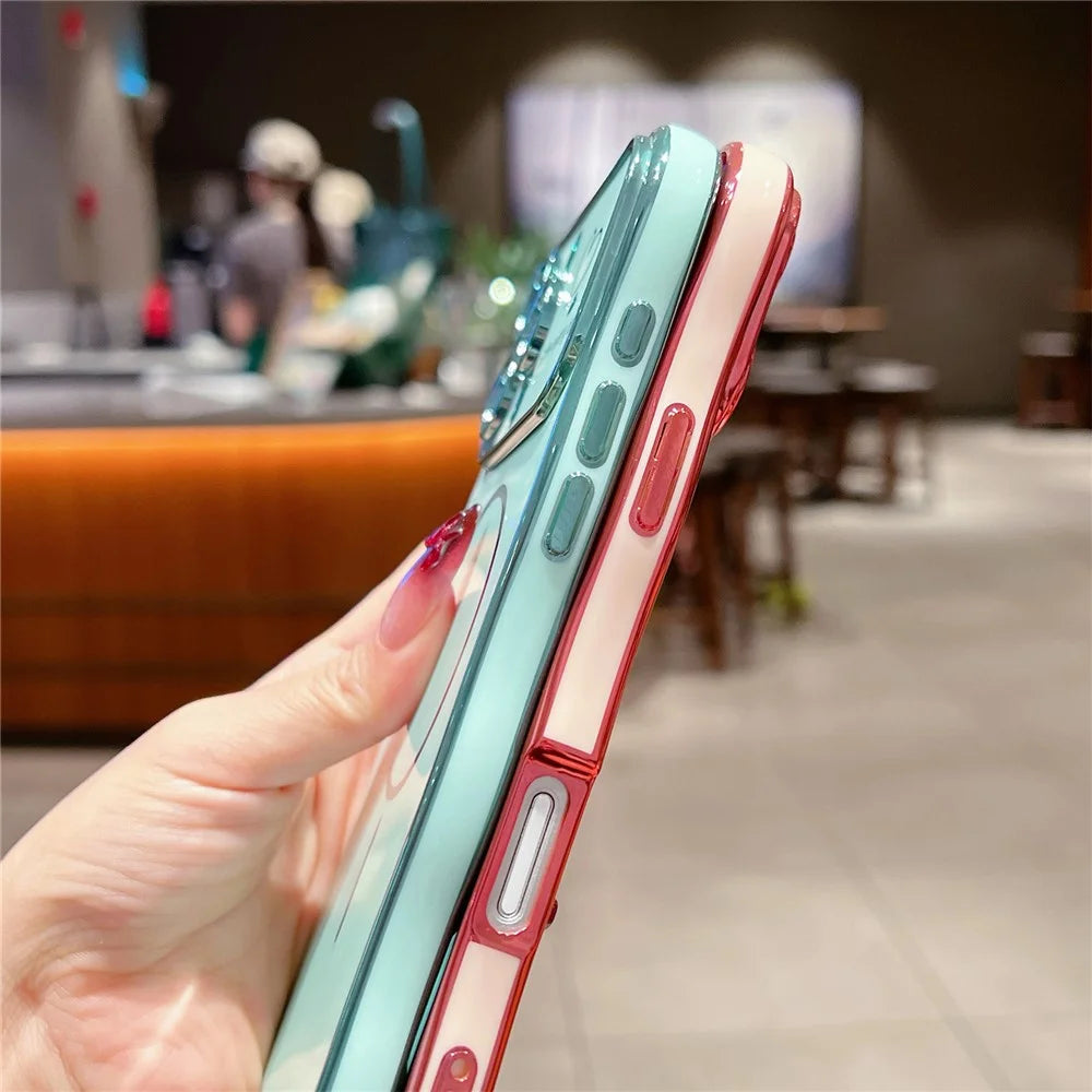 For iPhone 16 Pro Magnetic Case Electroplating Wave Edge TPU Phone Cover Heart Pattern - Rose Pink - 6