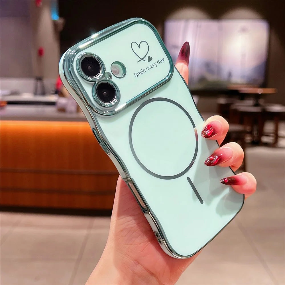 For iPhone 16 Plus Magnetic Case Electroplating Wave Edge TPU Phone Cover Heart Pattern - Green - 1