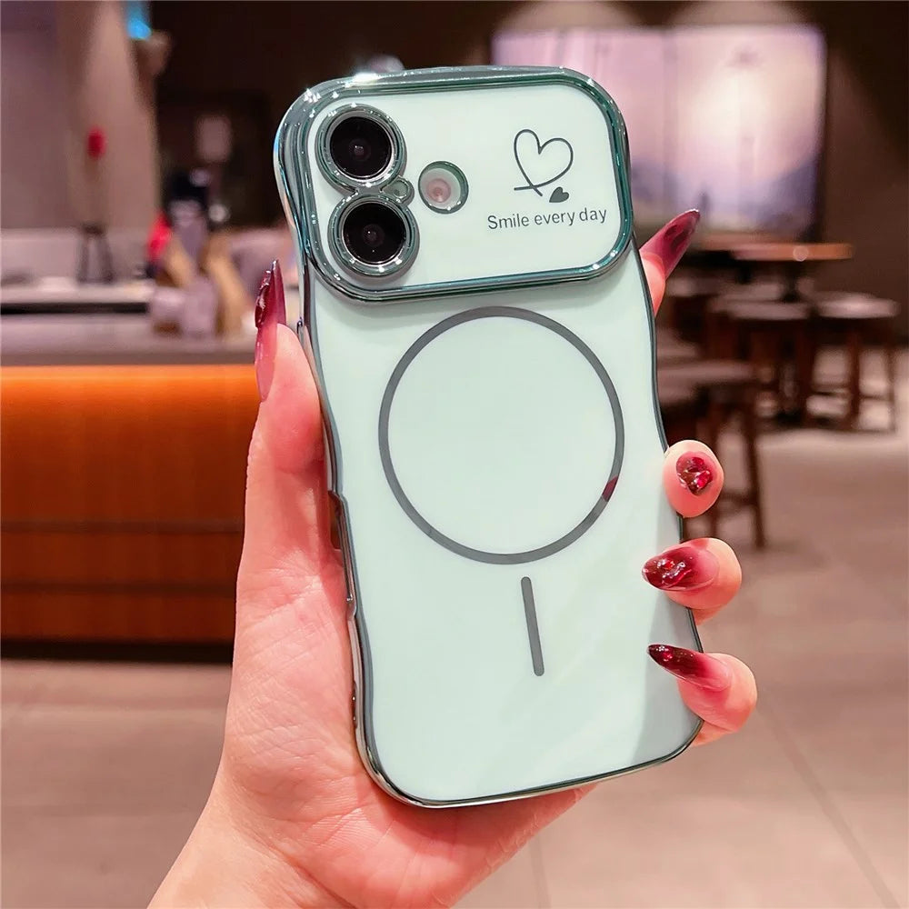 For iPhone 16 Plus Magnetic Case Electroplating Wave Edge TPU Phone Cover Heart Pattern - Green - 2