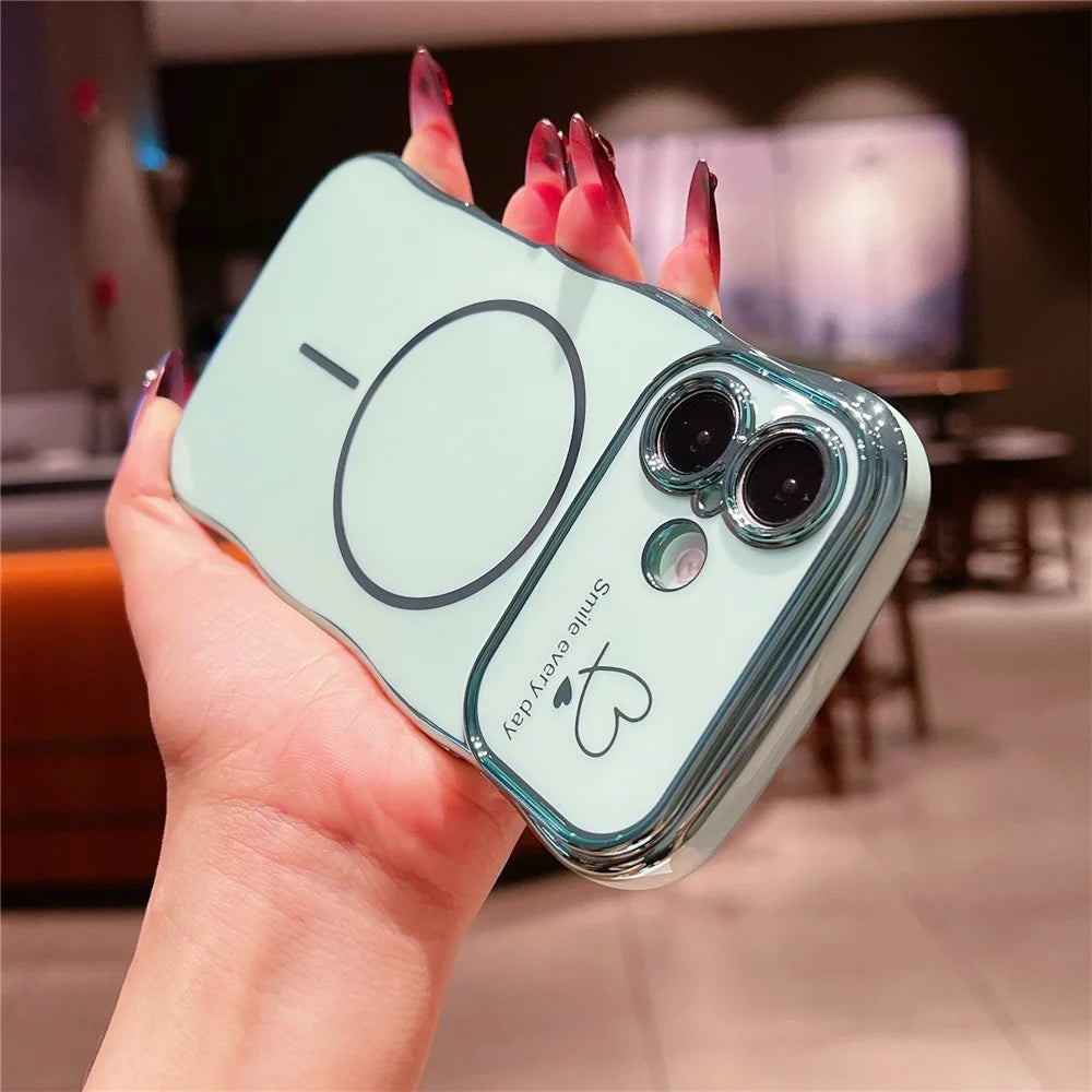 For iPhone 16 Plus Magnetic Case Electroplating Wave Edge TPU Phone Cover Heart Pattern - Green - 3