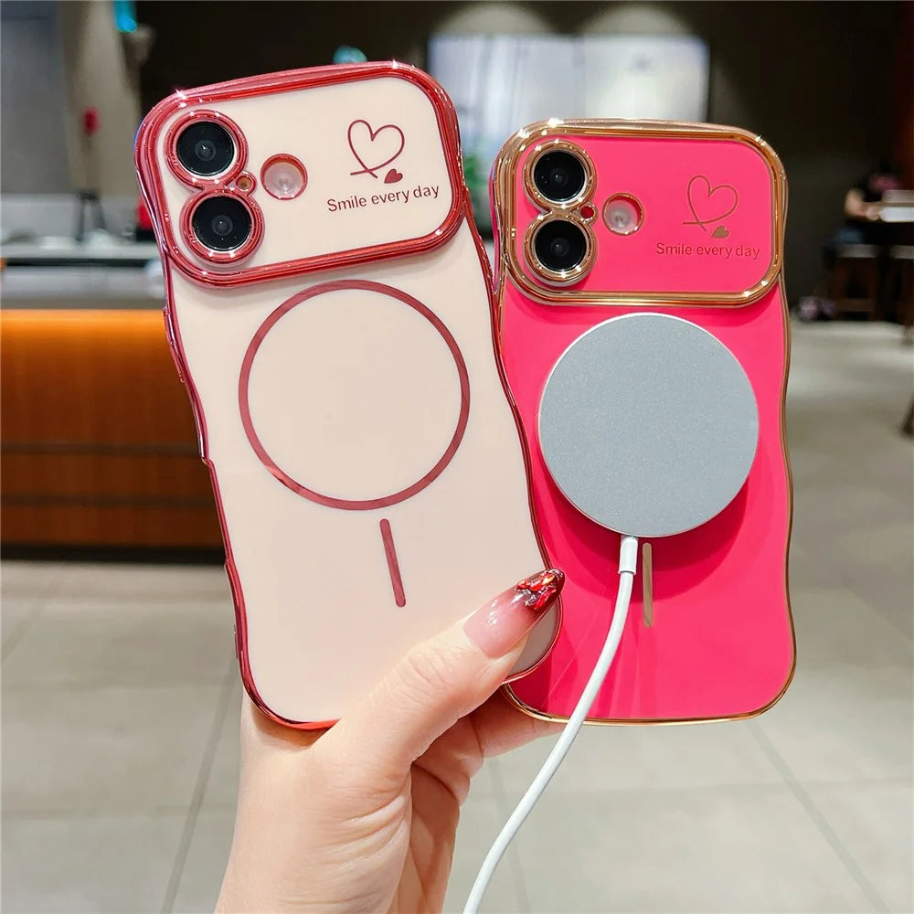 For iPhone 16 Plus Magnetic Case Electroplating Wave Edge TPU Phone Cover Heart Pattern - Green - 4