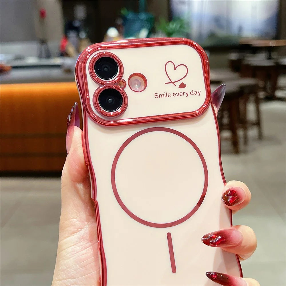For iPhone 16 Plus Magnetic Case Electroplating Wave Edge TPU Phone Cover Heart Pattern - Green - 5