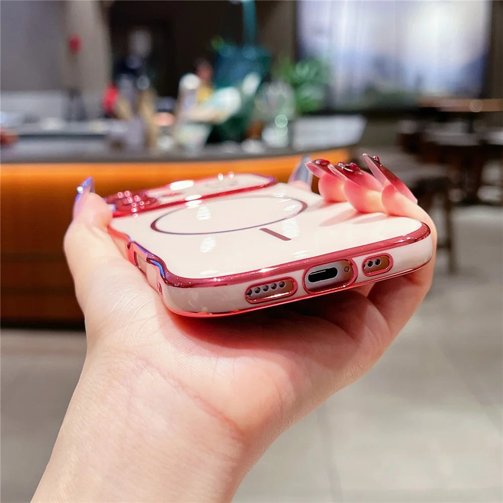 For iPhone 16 Magnetic Case Electroplating Wave Edge TPU Phone Cover Heart Pattern - Green - 6