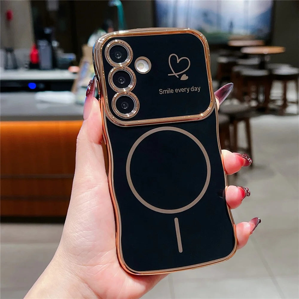 For Samsung Galaxy S25 / S24 Magnetic Case Electroplating Wave Edge TPU Phone Cover Heart Pattern - Black - 1