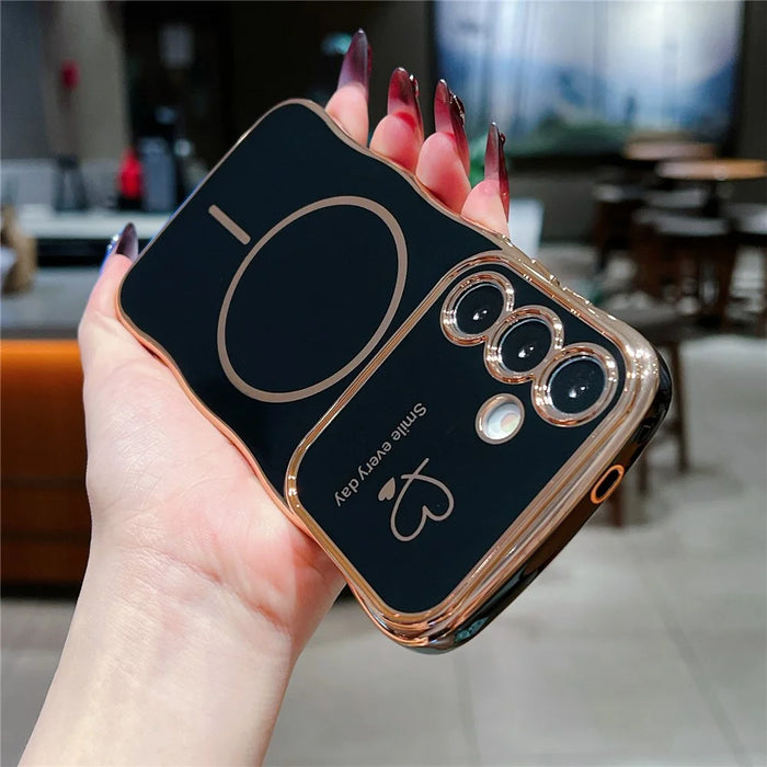 For Samsung Galaxy S25 / S24 Magnetic Case Electroplating Wave Edge TPU Phone Cover Heart Pattern - Black - 2