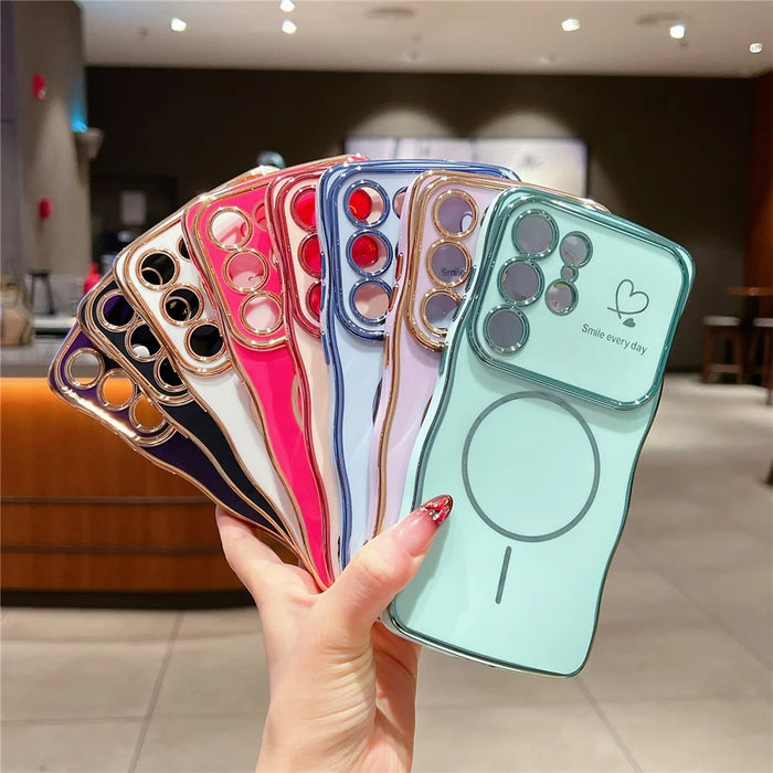 For Samsung Galaxy S25 Ultra Magnetic Case Electroplating Wave Edge TPU Phone Cover Heart Pattern - Blue - 7