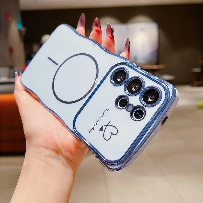 For Samsung Galaxy S24 Ultra Magnetic Case Electroplating Wave Edge TPU Phone Cover Heart Pattern - Blue - 2