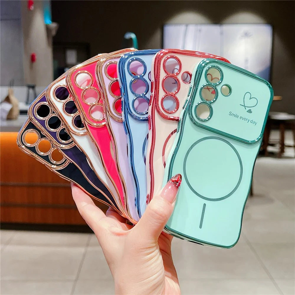 For Samsung Galaxy S24 FE Magnetic Case Electroplating Wave Edge TPU Phone Cover Heart Pattern - Black - 7