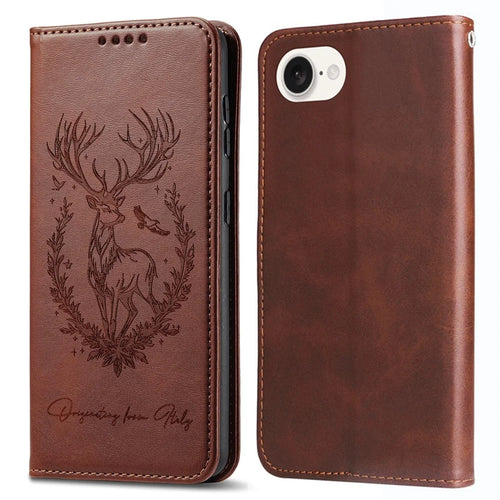 For iPhone 17e / 16e Stand Case Lucky Deer Imprinted Magnetic Closure Leather Wallet Phone Cover - Brown - 1