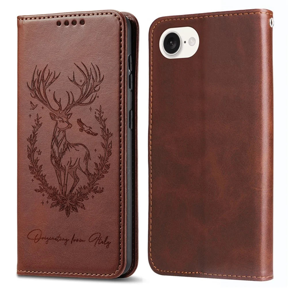 For iPhone 17e / 16e Stand Case Lucky Deer Imprinted Magnetic Closure Leather Wallet Phone Cover - Brown - 1