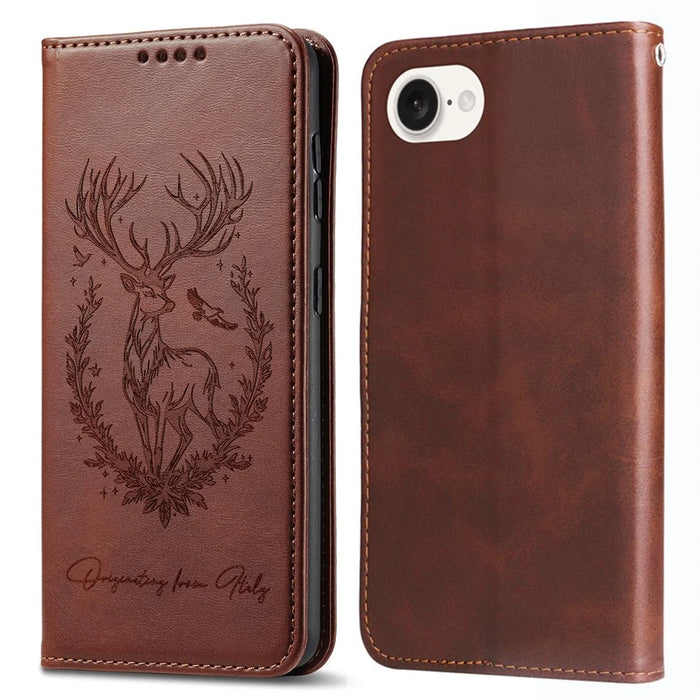 For iPhone 17e / 16e Stand Case Lucky Deer Imprinted Magnetic Closure Leather Wallet Phone Cover - Brown - 1