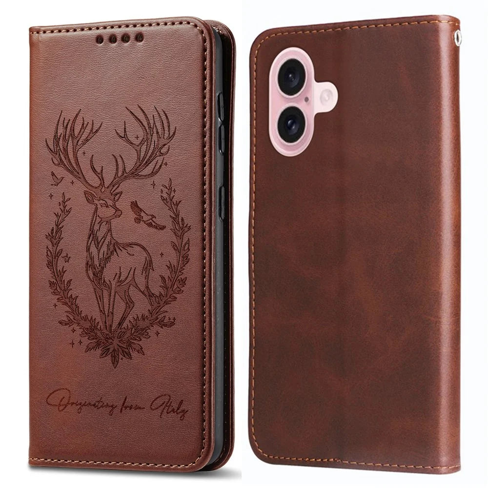 For iPhone 16 Stand Case Lucky Deer Imprinted Magnetic Closure Leather Wallet Phone Cover - Brown - 1
