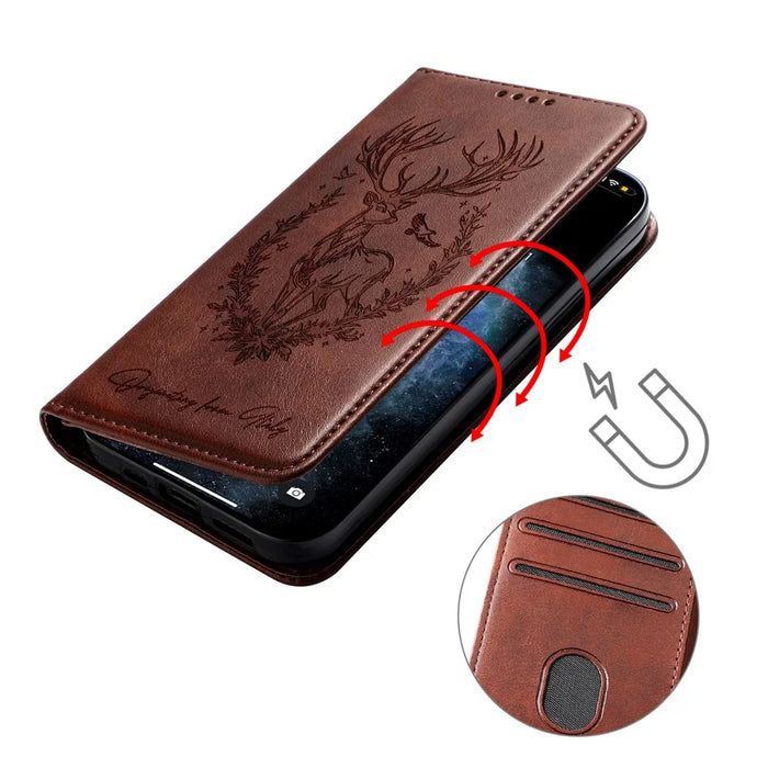 For iPhone 16 Stand Case Lucky Deer Imprinted Magnetic Closure Leather Wallet Phone Cover - Brown - 4