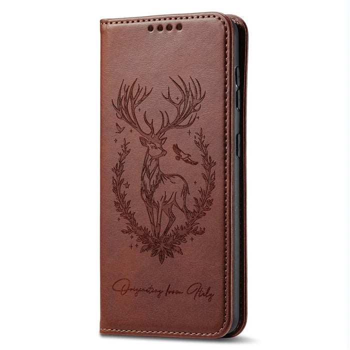 For iPhone 16 Plus Stand Case Lucky Deer Imprinted Magnetic Closure Leather Wallet Phone Cover - Brown - 5