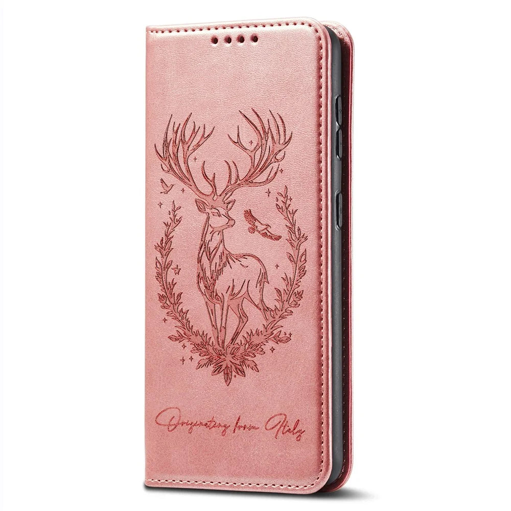 For iPhone 16 Pro Stand Case Lucky Deer Imprinted Magnetic Closure Leather Wallet Phone Cover - Pink - 5