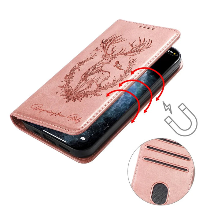 For iPhone 16 Pro Max Stand Case Lucky Deer Imprinted Magnetic Closure Leather Wallet Phone Cover - Pink - 4
