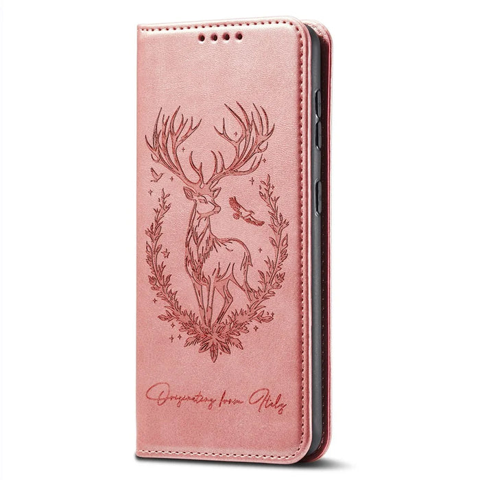 For iPhone 16 Pro Max Stand Case Lucky Deer Imprinted Magnetic Closure Leather Wallet Phone Cover - Pink - 5