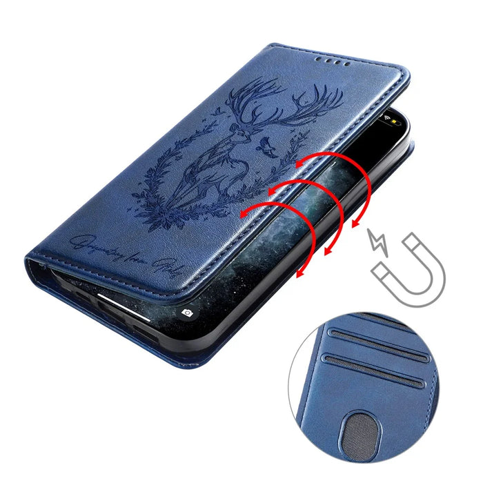 For Samsung Galaxy A55 5G Stand Case Lucky Deer Imprinted Magnetic Closure Leather Wallet Phone Cover - Blue - 4