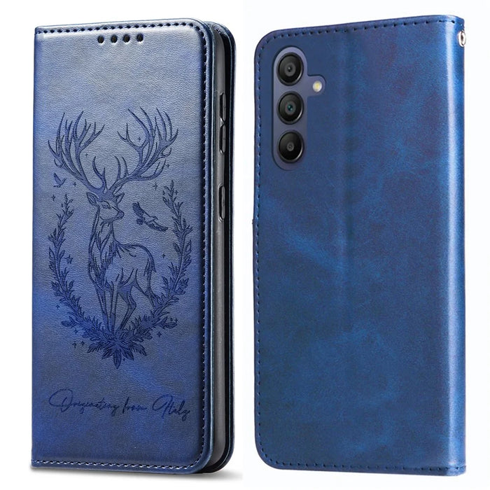 For Samsung Galaxy S24 FE Stand Case Lucky Deer Imprinted Magnetic Closure Leather Wallet Phone Cover - Blue - 1