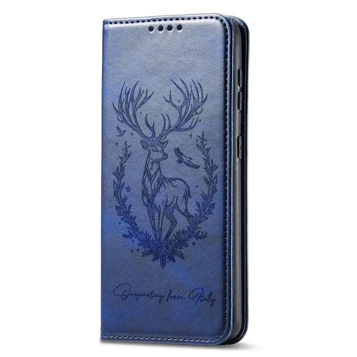 For Samsung Galaxy S24 FE Stand Case Lucky Deer Imprinted Magnetic Closure Leather Wallet Phone Cover - Blue - 5