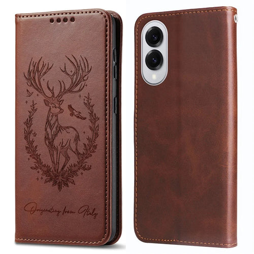 For Samsung Galaxy S25 Edge Stand Case Lucky Deer Imprinted Magnetic Closure Leather Wallet Phone Cover - Brown - 1