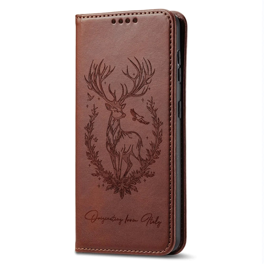 For Samsung Galaxy S25 Edge Stand Case Lucky Deer Imprinted Magnetic Closure Leather Wallet Phone Cover - Brown - 5