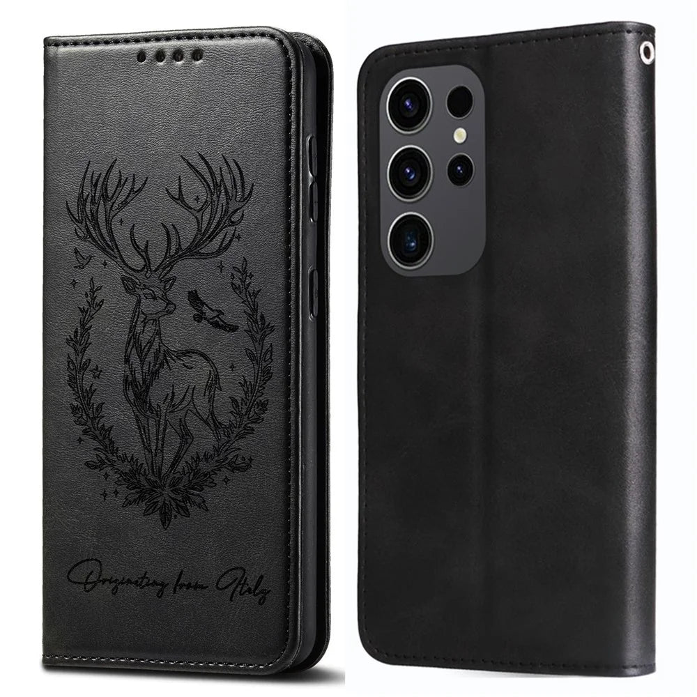 For Samsung Galaxy S25 Ultra Stand Case Lucky Deer Imprinted Magnetic Closure Leather Wallet Phone Cover - Black - 1