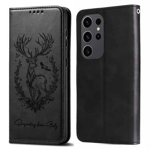 For Samsung Galaxy S25 Ultra Stand Case Lucky Deer Imprinted Magnetic Closure Leather Wallet Phone Cover - Black - 1