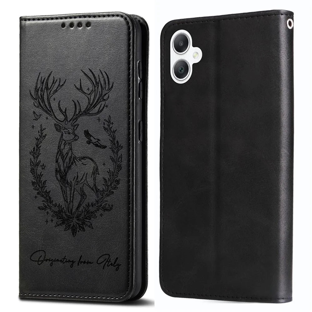 For Samsung Galaxy A06 4G Stand Case Lucky Deer Imprinted Magnetic Closure Leather Wallet Phone Cover - Black - 1