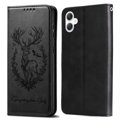 For Samsung Galaxy A06 4G Stand Case Lucky Deer Imprinted Magnetic Closure Leather Wallet Phone Cover - Black - 1