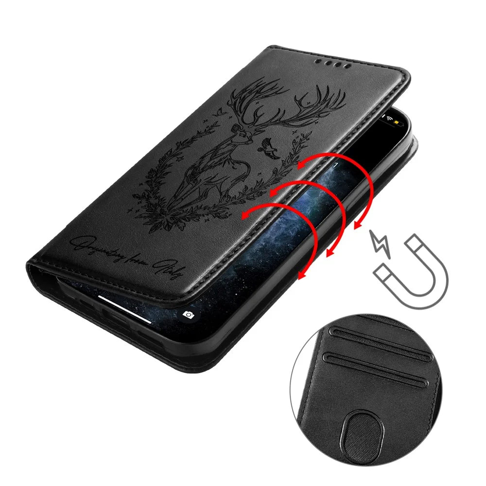 For Samsung Galaxy A06 4G Stand Case Lucky Deer Imprinted Magnetic Closure Leather Wallet Phone Cover - Black - 4
