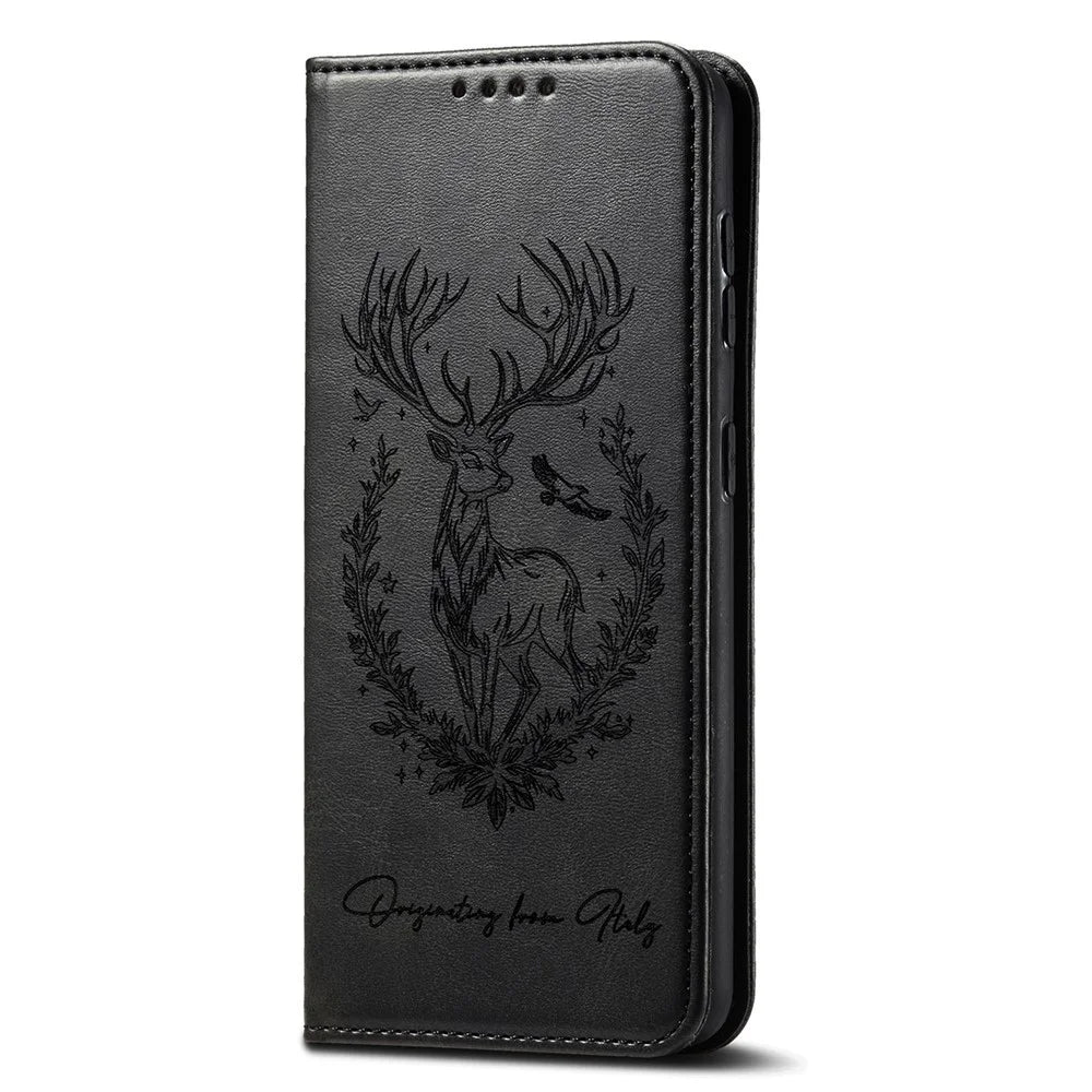 For Samsung Galaxy A06 4G Stand Case Lucky Deer Imprinted Magnetic Closure Leather Wallet Phone Cover - Black - 5
