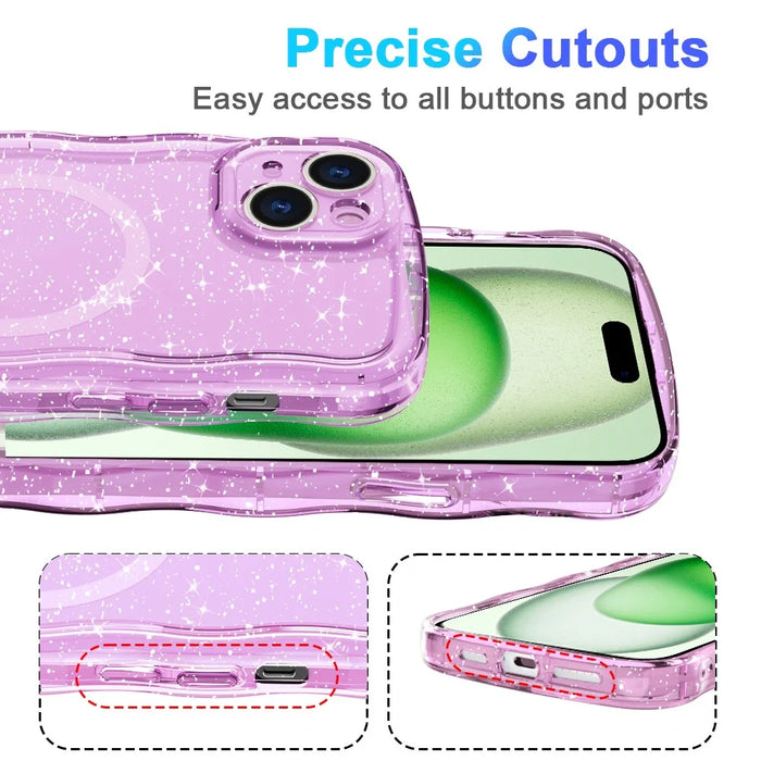 For iPhone 15 Magnetic Case Wave Edge Glitter TPU Phone Back Cover - Clear Pink - 6