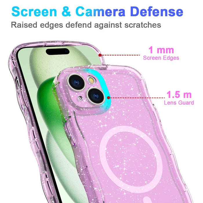 For iPhone 15 Plus Magnetic Case Wave Edge Glitter TPU Phone Back Cover - Clear Pink - 5
