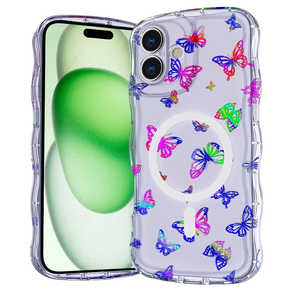 For iPhone 16 Magnetic Case Wave Edge Glitter TPU Phone Back Cover - Laser Butterfly - 1