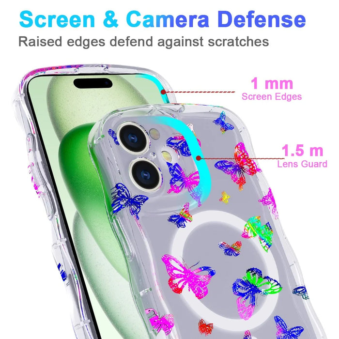For iPhone 16 Magnetic Case Wave Edge Glitter TPU Phone Back Cover - Laser Butterfly - 5