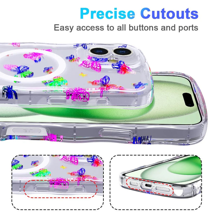 For iPhone 16 Magnetic Case Wave Edge Glitter TPU Phone Back Cover - Laser Butterfly - 6