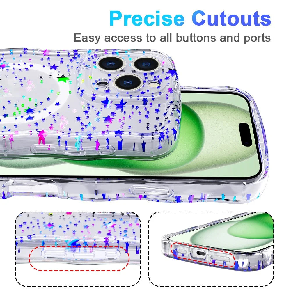 For iPhone 16 Pro Magnetic Case Wave Edge Glitter TPU Phone Back Cover - Laser Star - 6