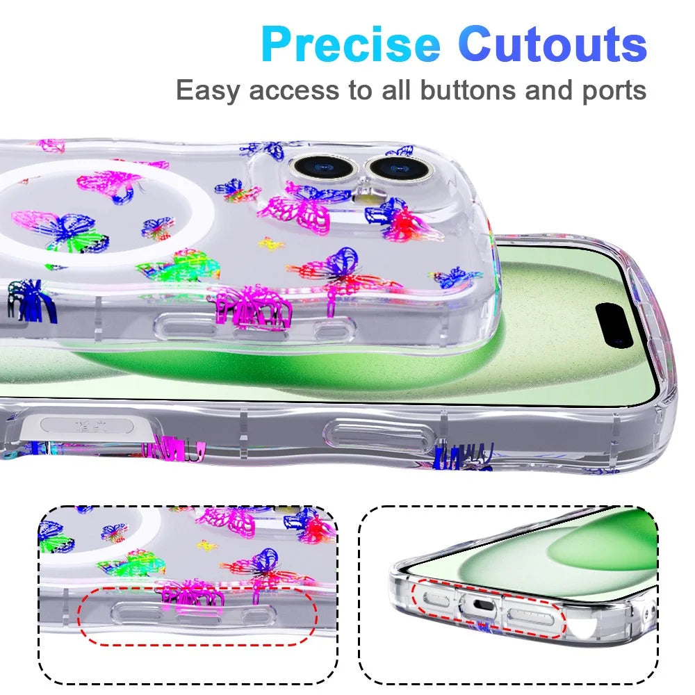 For iPhone 16 Plus Magnetic Case Wave Edge Glitter TPU Phone Back Cover - Laser Butterfly - 6
