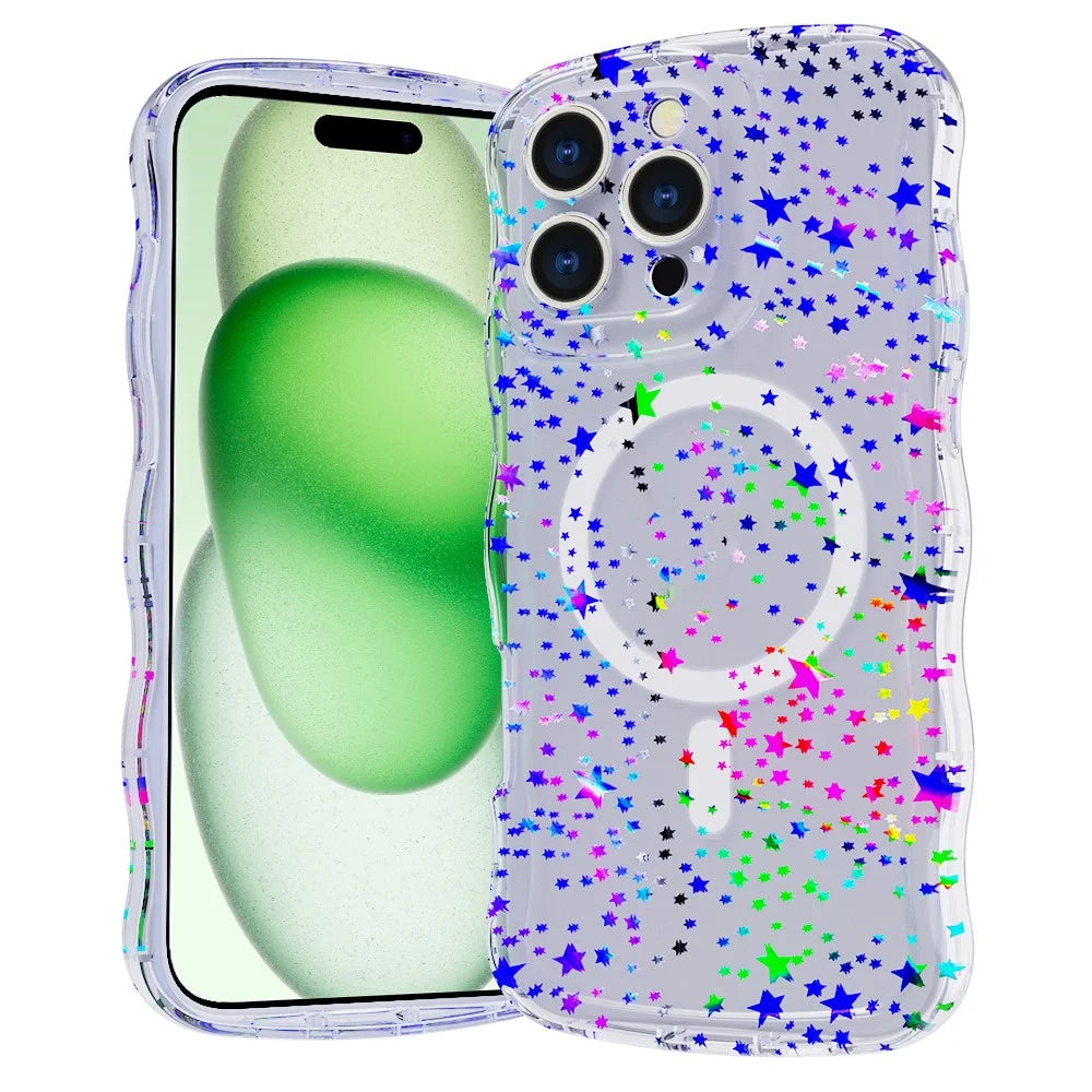 For iPhone 16 Pro Max Magnetic Case Wave Edge Glitter TPU Phone Back Cover - Laser Star - 1