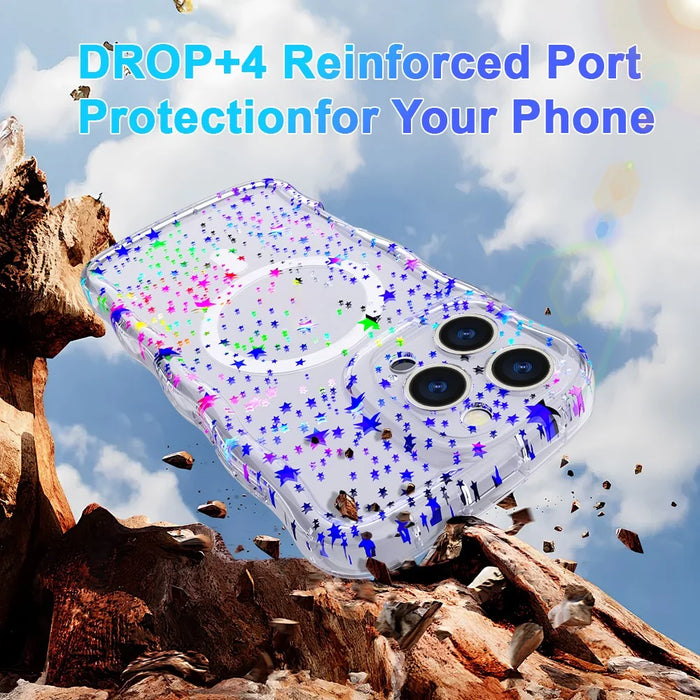 For iPhone 16 Pro Max Magnetic Case Wave Edge Glitter TPU Phone Back Cover - Laser Star - 3