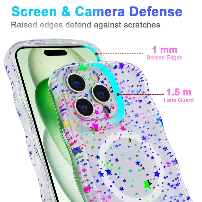For iPhone 16 Pro Max Magnetic Case Wave Edge Glitter TPU Phone Back Cover - Laser Star - 5