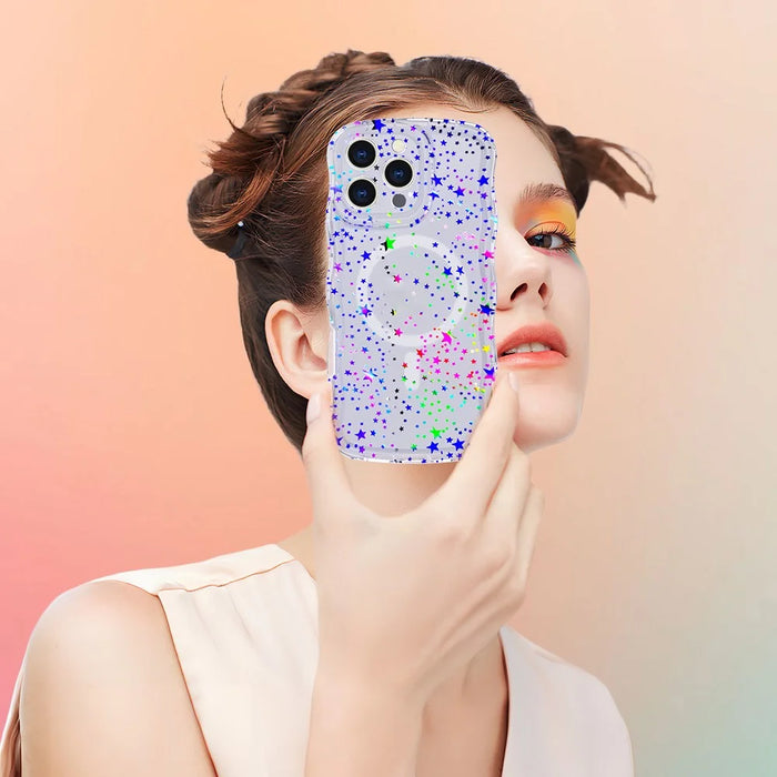 For iPhone 16 Pro Max Magnetic Case Wave Edge Glitter TPU Phone Back Cover - Laser Star - 7