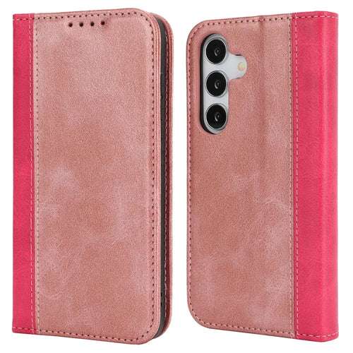For Samsung Galaxy S25 Case Calf Texture 3 Card Slots Color Splicing Leather Phone Cover - Rose Gold + Rose - 1