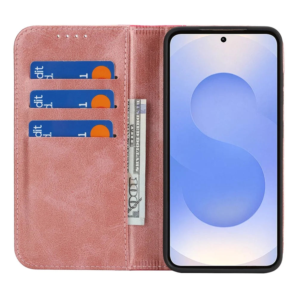 For Samsung Galaxy S25 Case Calf Texture 3 Card Slots Color Splicing Leather Phone Cover - Rose Gold + Rose - 2