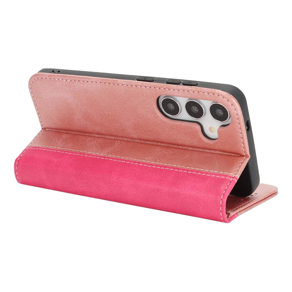 For Samsung Galaxy S25 Case Calf Texture 3 Card Slots Color Splicing Leather Phone Cover - Rose Gold + Rose - 3