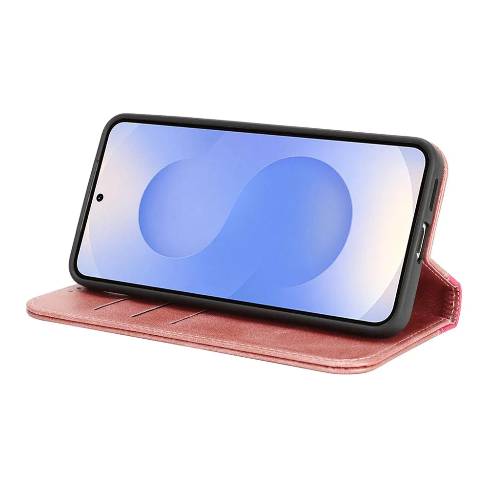 For Samsung Galaxy S25 Case Calf Texture 3 Card Slots Color Splicing Leather Phone Cover - Rose Gold + Rose - 4